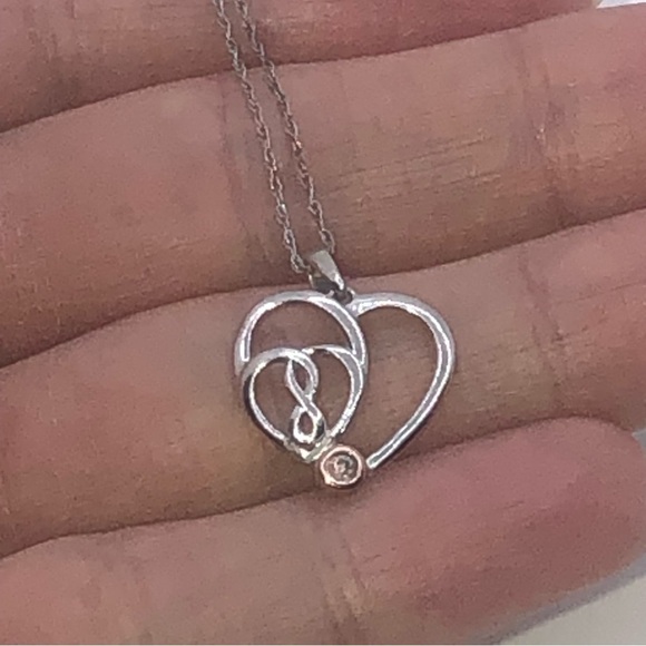 Sterling 10k Rose Gold & Diamond Heart Hearts Infinity Necklace 19” + .9” - Picture 2 of 6